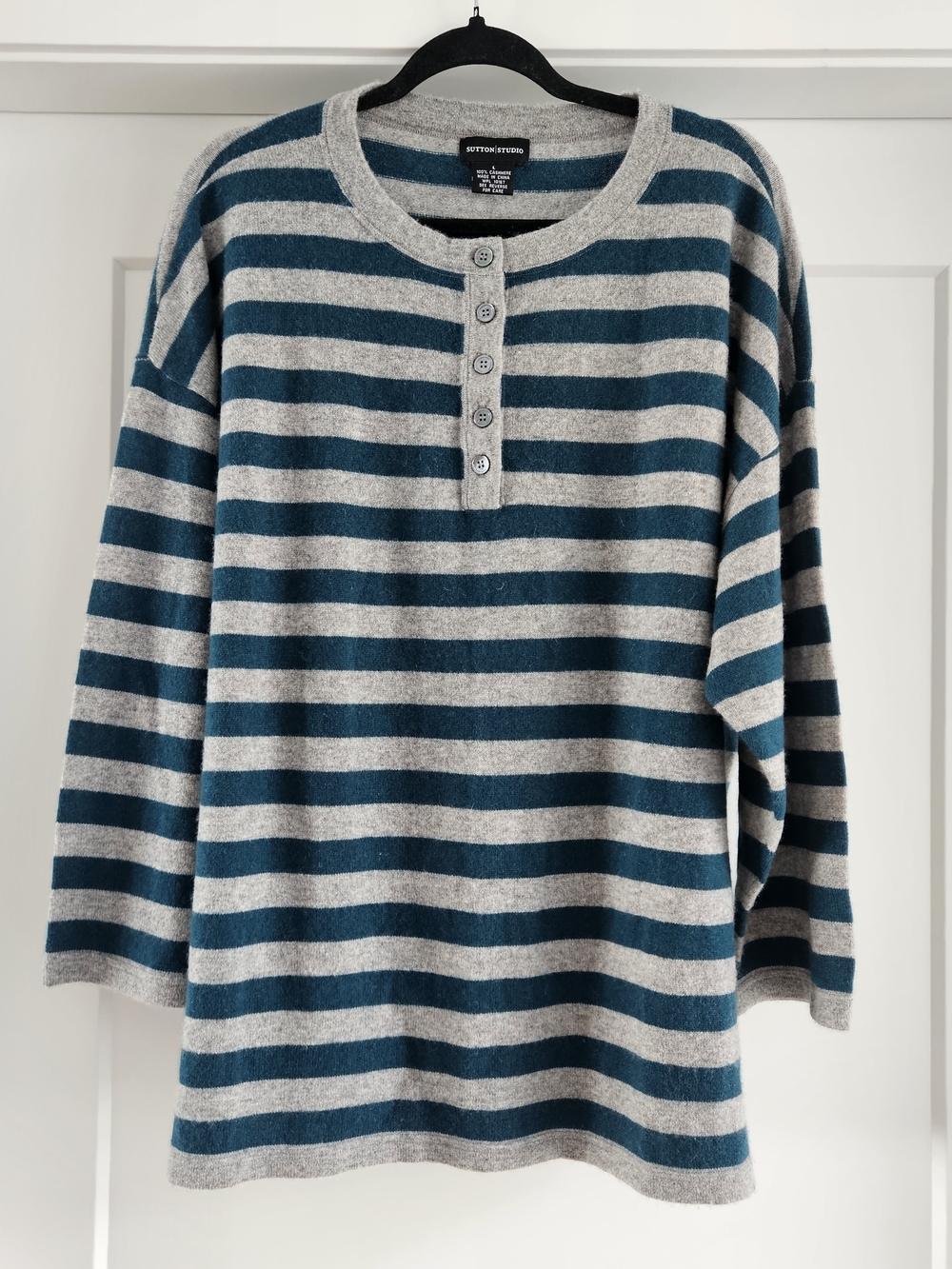 Sutton Cashmere Teal and Light Gray Striped Crewneck Henley Tunic Sz Large
